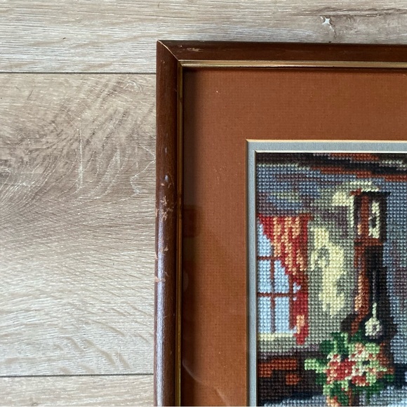 Vintage needlepoint cross stitch wall art cottage fireplace scenes - Picture 7 of 9